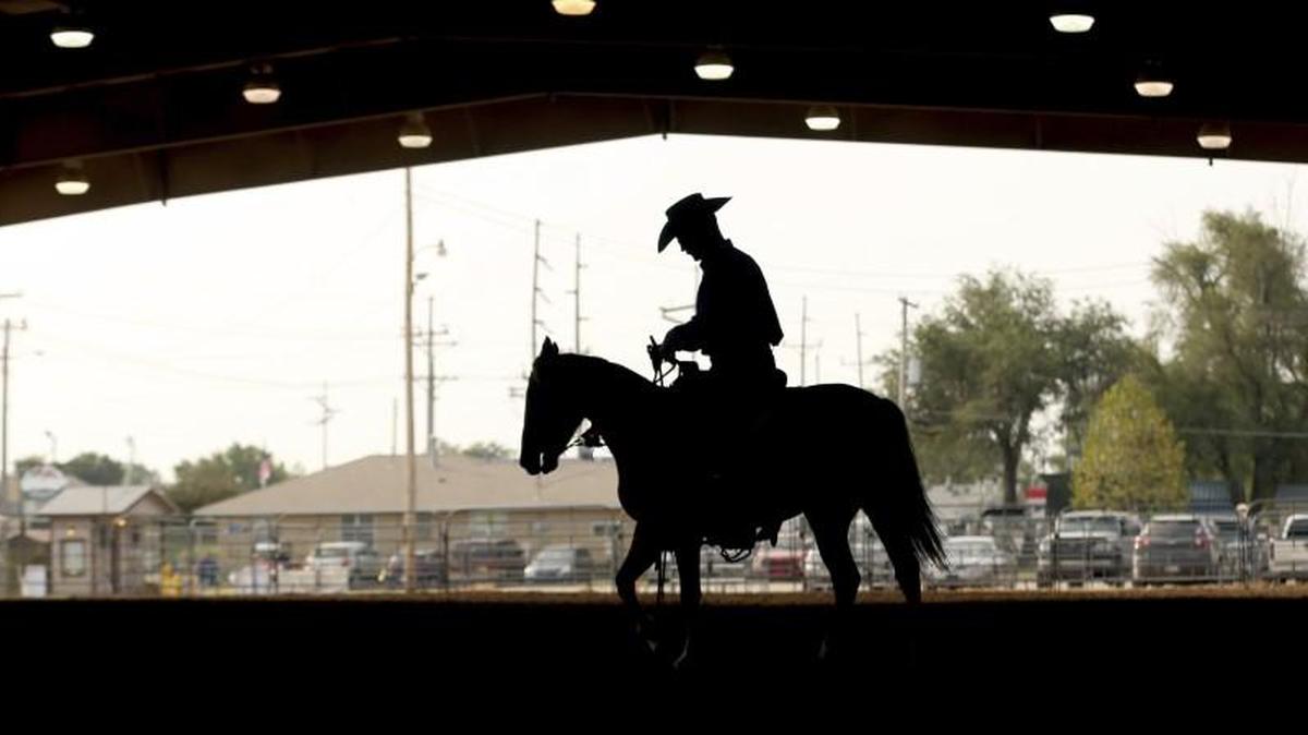 A rider and his horse at the arena of the Expo II building at the Kansas State Fair on Tuesday in Hutchinson.
