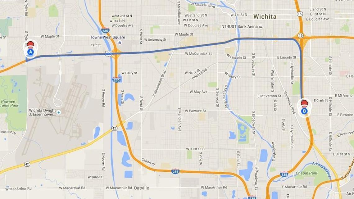 The path of the chase by Sedgwick County Sheriff’s officers of a robbery suspect Saturday morning.