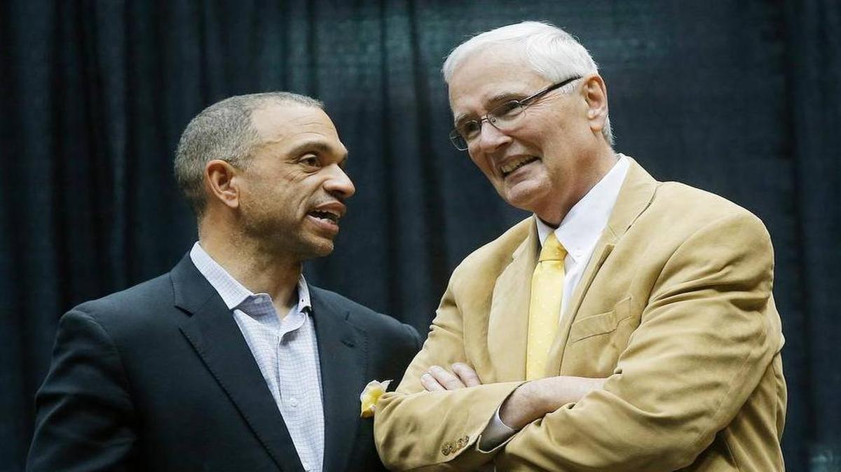 Former Wichita State athletic director Eric Sexton and WSU president John Bardo at Koch Arena. (April 15, 2013)