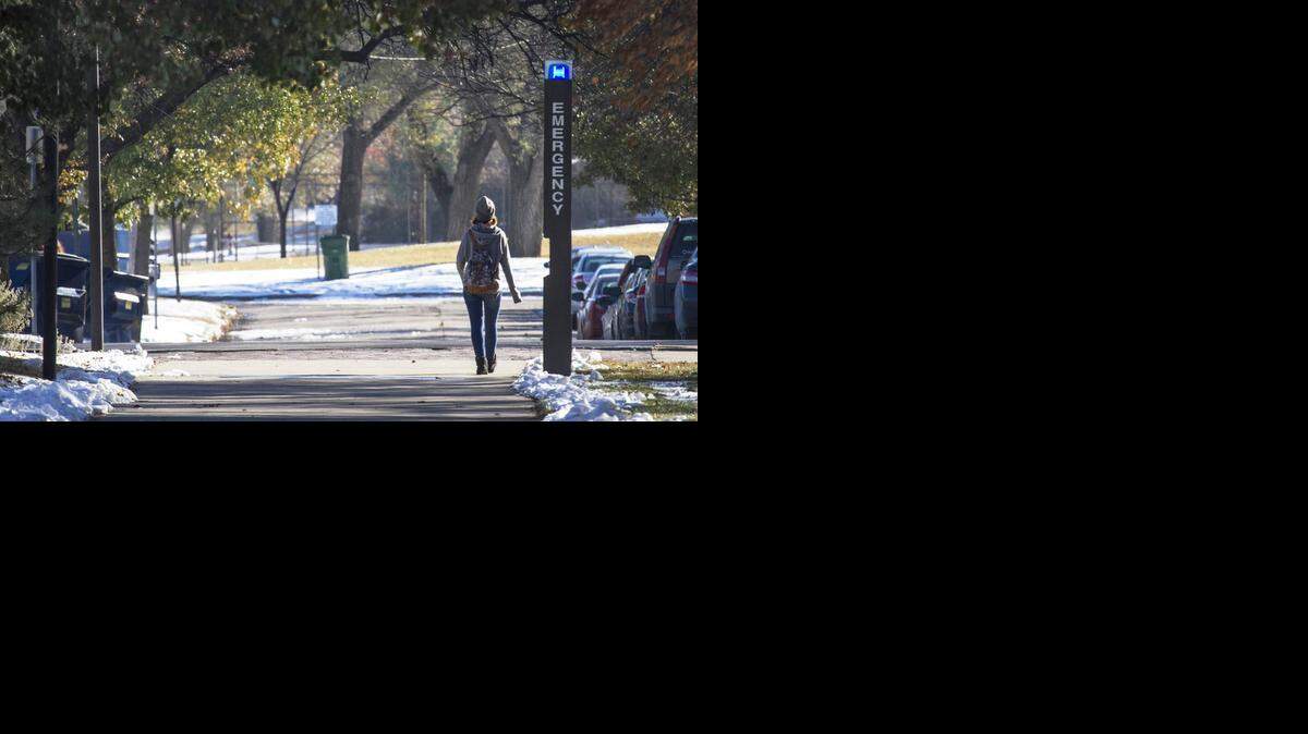 
Emergency kiosks dot the Wichita State University campus. WSU police think the campus is safe despite a crime in which a woman was raped, beaten and set on fire in Fairmount Park about a block south of Wichita State's main campus, south of 17th and east of Hillside. (Nov. 18, 2014)
