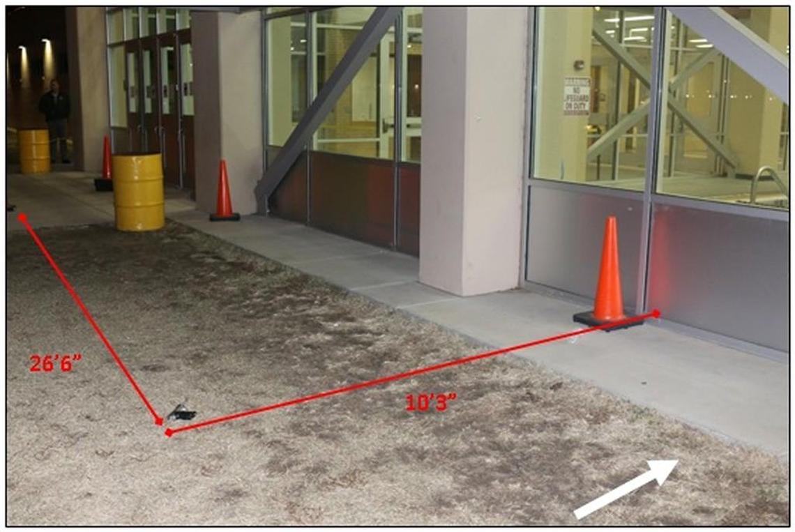 This diagram shows where the gun was dropped in relation to the school. The shooting occurred around this general area – a piece of the gun had been shot off farther east.