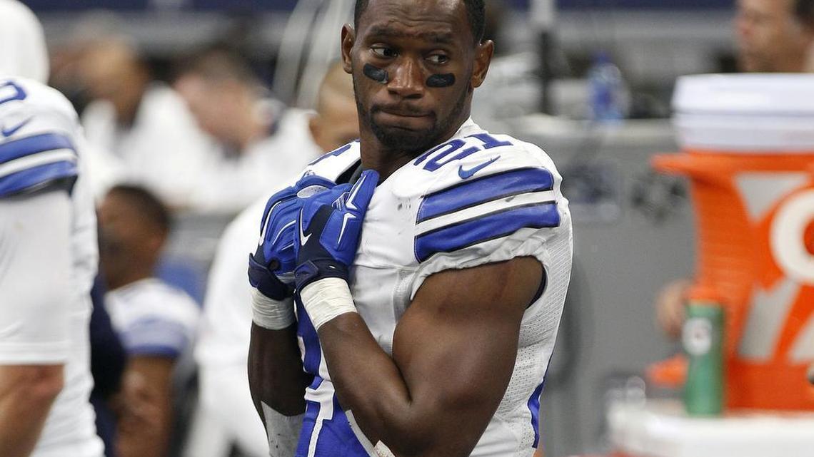 Dallas Cowboys’ Joseph Randle stands in the team bench area during an NFL football game against the Atlanta Falcons in Arlington, Texas, in 2015. (Sept. 27, 2015)
