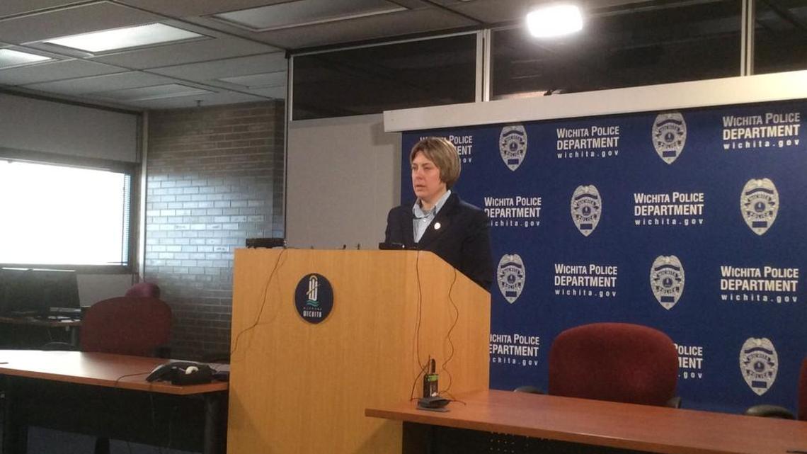 Wichita police Sgt. Nikki Woodrow discusses the vehicle robbery of a Wichita dealership car during a media briefing on March 17, 2017.