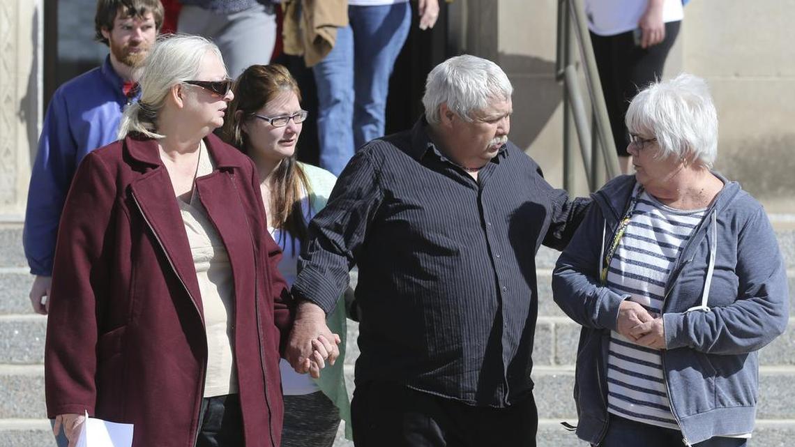 Sarah Jo Hopkins’ family members leave the Federal Courthouse in Wichita after learning that she will be released from custody. Hopkins was charged with giving guns to Cedric Ford that he used in a deadly shooting spree Thursday in Harvey County. (Feb. 29, 2014)