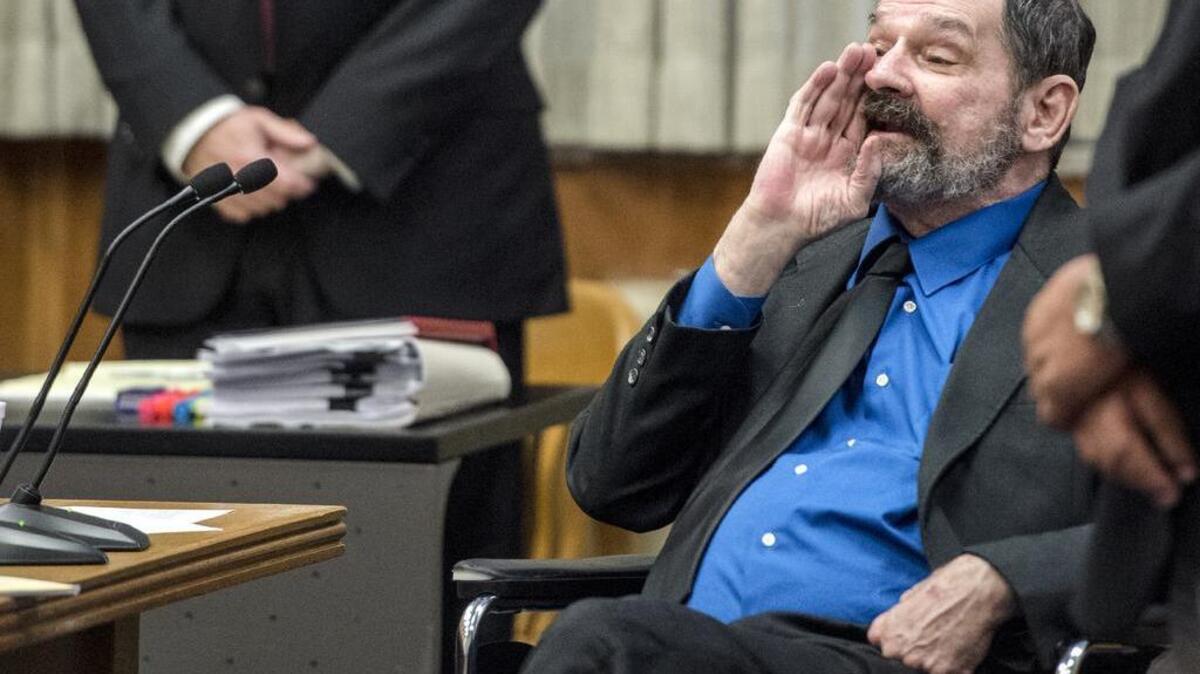 
F. Glenn Miller Jr. yells at jurors as they leave Monday after finding him guilty of three counts of capital murder. Miller was convicted of fatally shooting three people outside Jewish facilities in Overland Park on April 13, 2014. Jurors will now consider whether Miller faces the death penalty or life in prison. 
