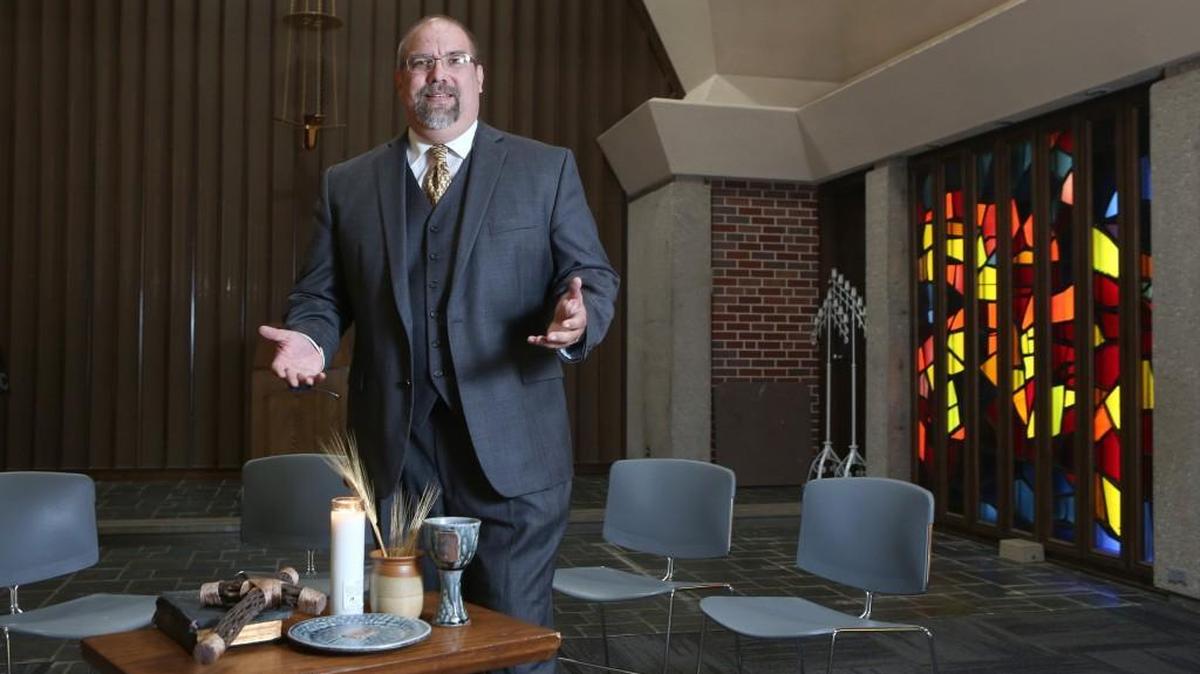 
The Rev. Christopher Eshelman is a former campus minister at Wichita State University and was one of the first to propose removing the pews from Grace Chapel. He liked to set up the chapel in a configuration lending itself to a more intimate chat with students. (Oct. 12, 2015)

