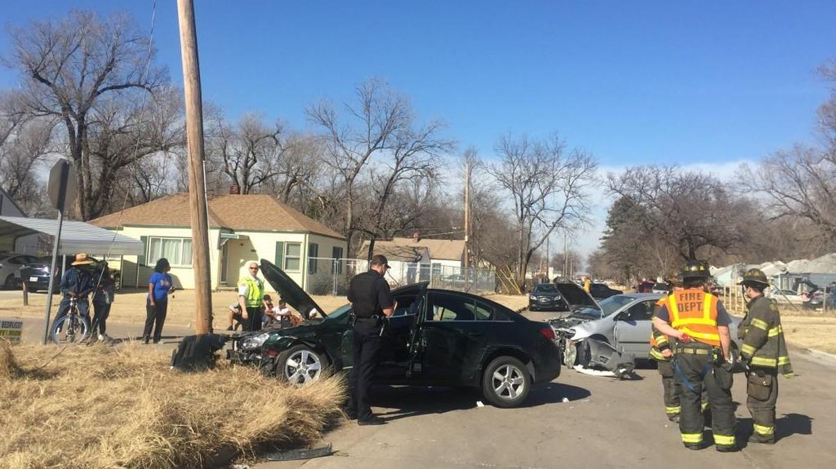 One person was injured and a power line was knocked to the ground in this two-car crash Saturday afternoon at the intersection of 22nd and Minnesota in Wichita. Firefighters said the injury was not considered serious.