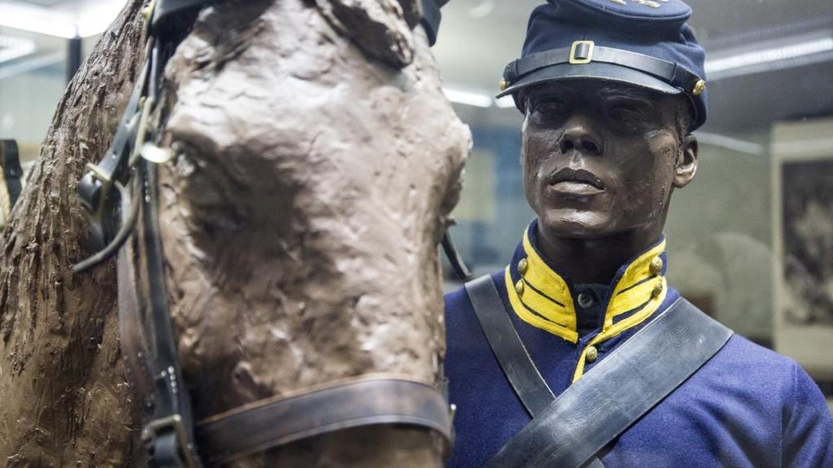 A life-size Buffalo Soldier and horse sculpture can be found in the Fort Larned National Historic Site Visitors Center. (Aug. 27, 2014)