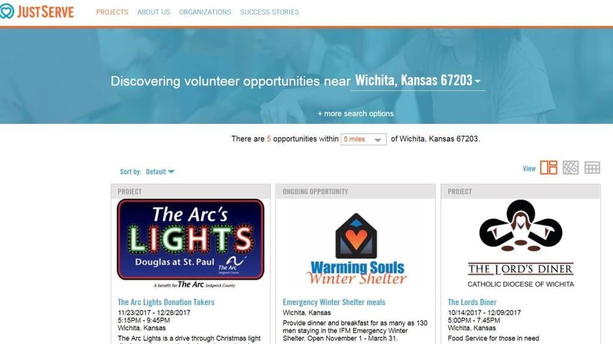 A screenshot shows JustServe opportunities in Wichita.