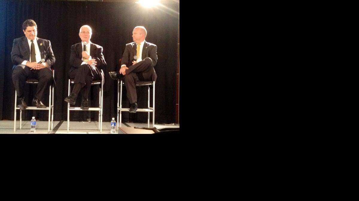 
From left, Wichita State provost Tony Vizzini, president John Bardo and John Tomblin, executive director for the National Institute for Aviation Research, answer questions from the audience during Friday’s presentation about the proposed innovation campus.
