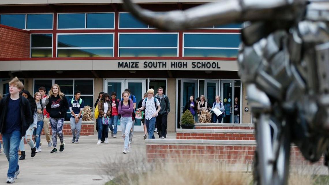 Students leave Maize South High School at the end of the school day. (Dec. 17, 2015)