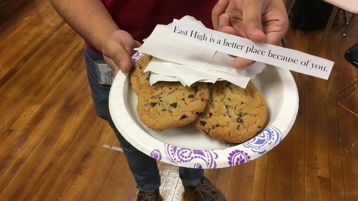 Members of East High’s Students Against Prejudice organization handed out cookies to classmates along with confidence-boosting messages during lunch Tuesday.