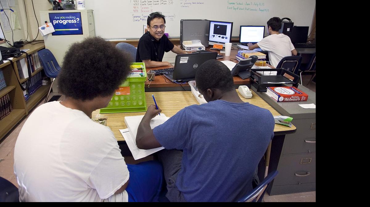 
Wichita USD 259 teacher David Templonuevo Jr. teaches a science class during summer school at the Judge Riddel Boys Ranch at Lake Afton in 2013.
