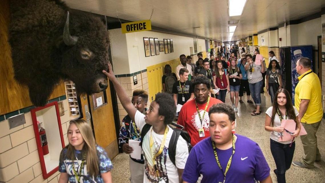 Students are seen at the old Southeast High School during an orientation day in 2015.