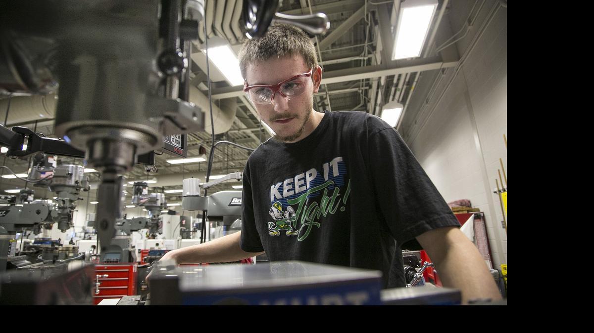 
Northwest High student Conner Cacek takes a machine tool technology class through the Wichita Area Technical College's Jump Start program for high school students. (Feb. 13, 2015)
