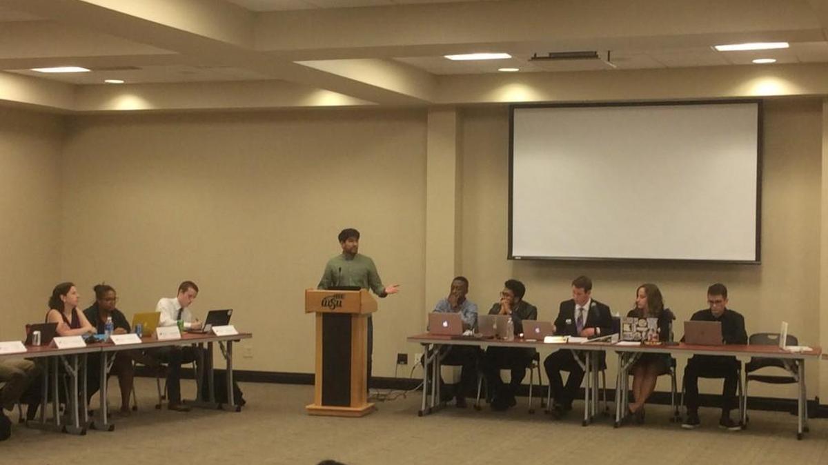 Former student vice president Taben Azad addresses Wichita State University’s current Student Government Association during a May 3, 2017, discussion at the Rhatigan Student Center about a proposed fee increase to help pay for a YMCA and wellness center facility on the Innovation Campus.