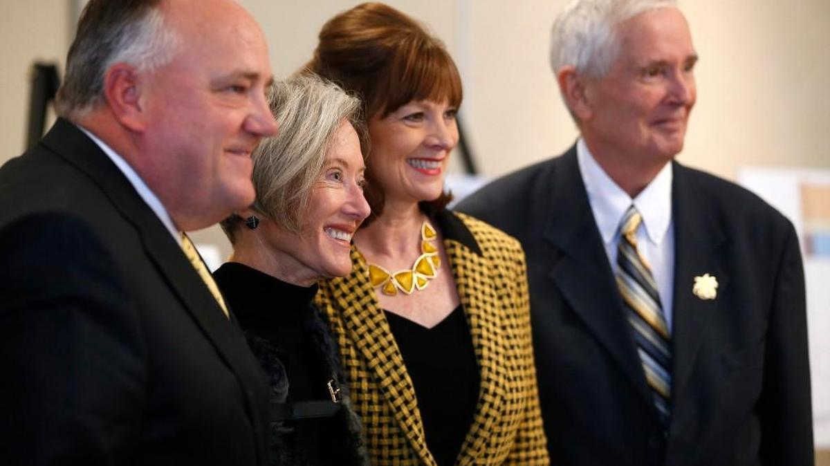 From left, Steve Feilmeier, CFO of Koch Industries; Liz Koch, Wichita State University Foundation president; CEO Elizabeth King; and WSU president John Bardo announce an $11.25 million gift to WSU from Koch Industries. (Dec. 16, 2014)