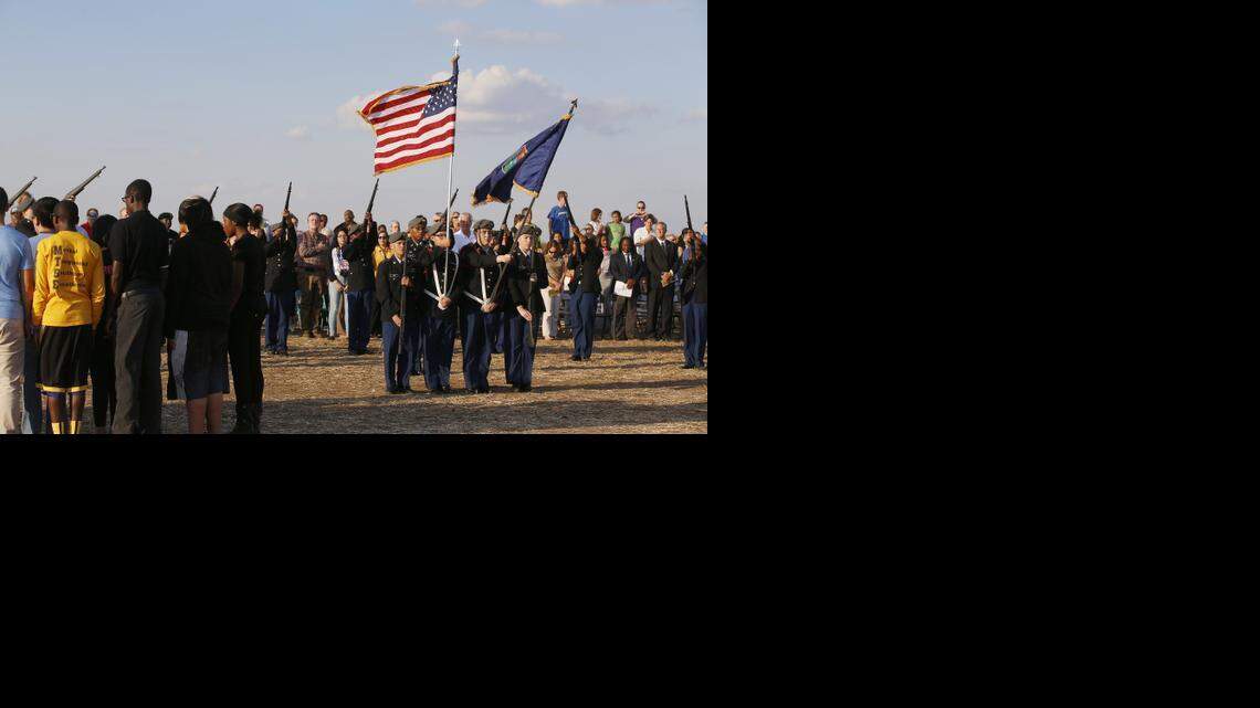 
The colors are presented during the groundbreaking ceremony for the new Southeast High School near Pawnee and 127th Street East. The school is expected to open in the fall of 2016 and is being designed to accommodate 1,800 students. (Sept. 29, 2014)
