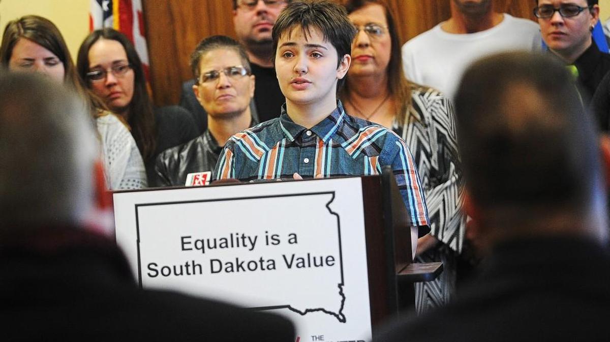 Thomas Lewis, an 18-year-old transgender student at Lincoln High School in Sioux Falls, S.D., speaks in January in Sioux Falls against legislation that groups have said would discriminate against transgender people. South Dakota in February became the first state to pass a law that would prohibit transgender students from using the bathroom or locker room of their choice.