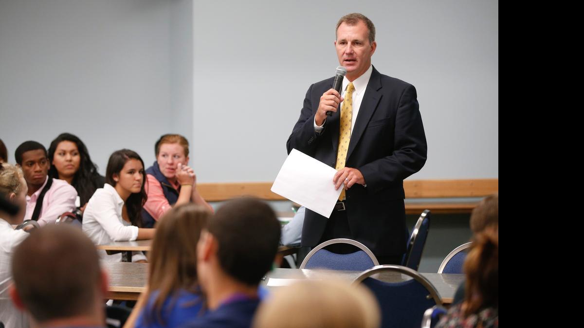 
Wichita schools superintendent John Allison speaks to the Student Advisory Council in 2013. On Monday, Allison warned that midyear cuts to personnel and programs are not out of the question, despite what he called an “ultra-conservative” budget for the district. 
