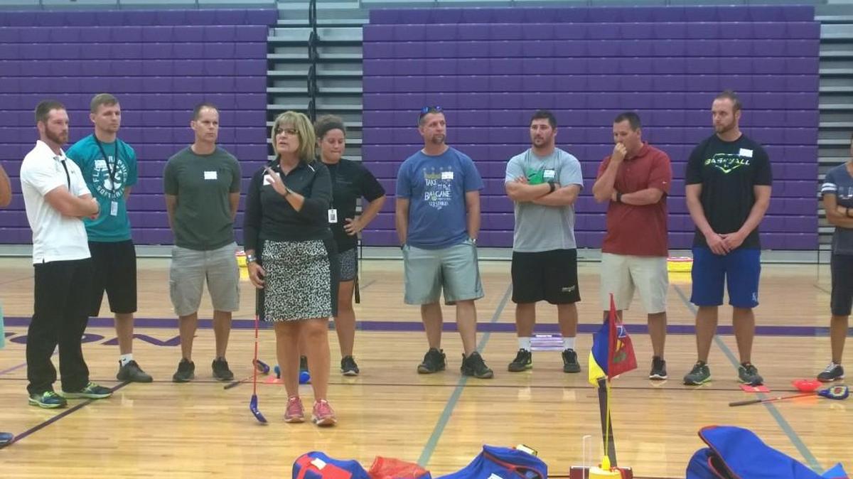 Lana Peterson, a retired physical education teacher and trainer for the First Tee, instructs Wichita teachers on the First Tee curriculum. Twenty-seven Wichita elementary schools will teach the First Tee’s golf program this year.
