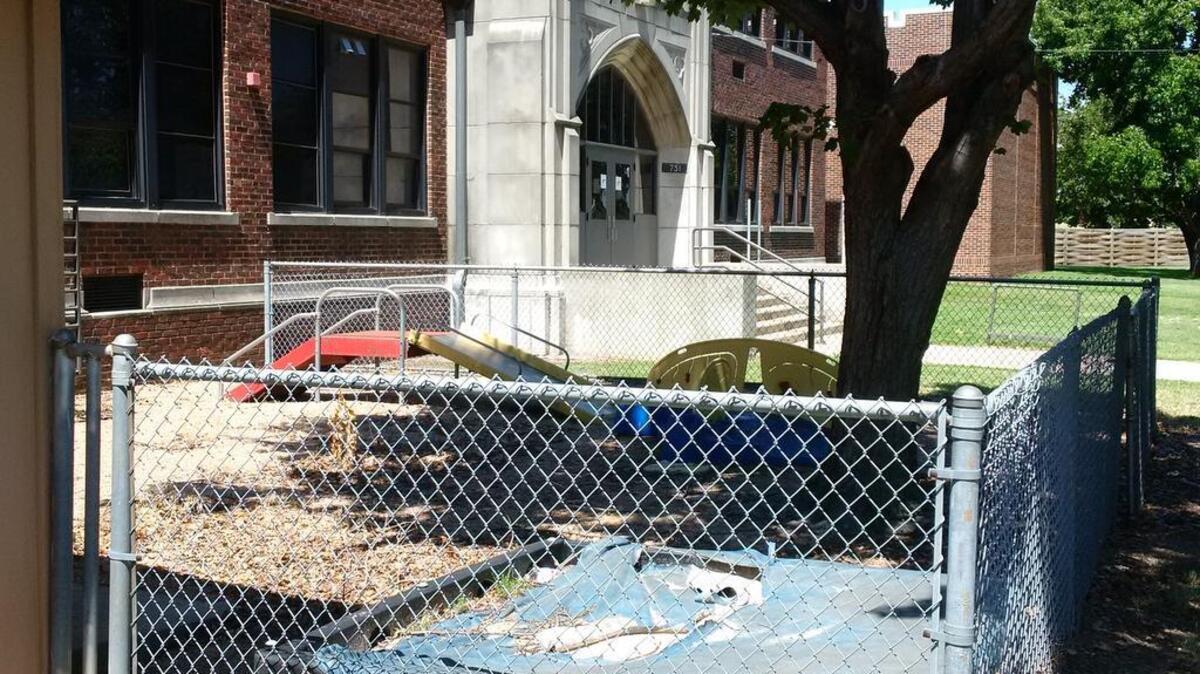 The former Metro-Boulevard Alternative High School building. The play equipment, used to provide day care at the school, was left behind when the high school students were relocated to Chester Lewis Academy.