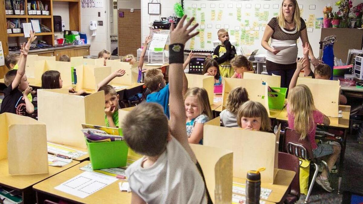
First-grade teacher Holly Baalman prepares for a practice math test at West Elementary School in Valley Center. The Valley Center school district is applying for additional money from the state under its “extraordinary need” fund. (May 8, 2015)
