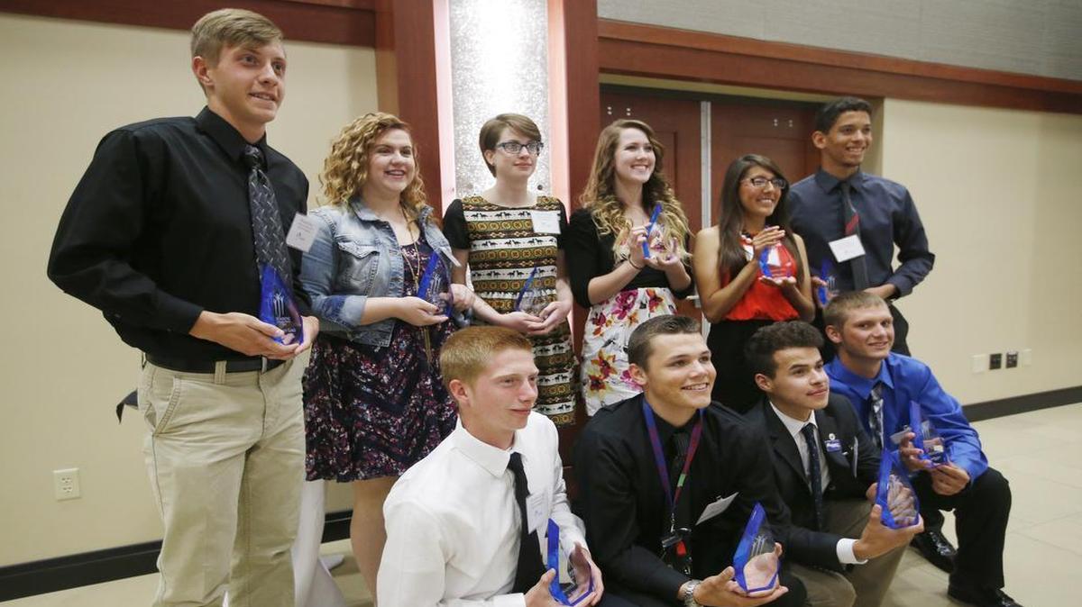 
Soaring Student Award recipients from Wichita South High School take a group photo together during the banquet Monday night at Wichita State University. (May 11, 2015)
