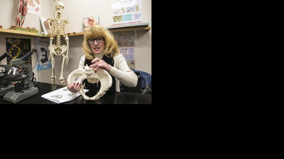 
Aalene Bailey, a Butler Community College anatomy and physiology student, studies a hip and lower spine. (Feb. 17, 2015)
