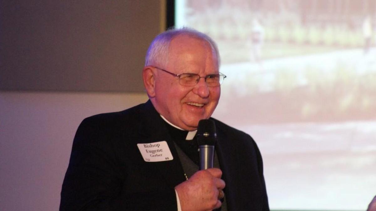 Former Bishop Eugene Gerber speaks Saturday night at a special dinner at Newman University announcing the construction of a science building to be named after Gerber.