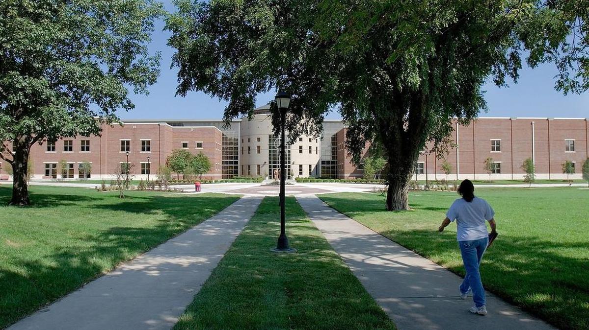 Newman University campus, which includes Fugate Gymnasium and the De Mattias Fine Arts Center.