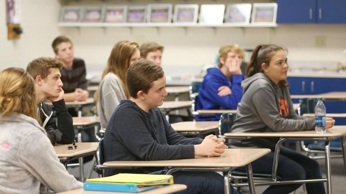 Andover High School 10th-graders listen during a class discussion about drinking and driving. Supporters of a proposed bond issue say building a new high school is the most efficient way for the district to serve patrons and attract families. (Nov. 11, 2015)