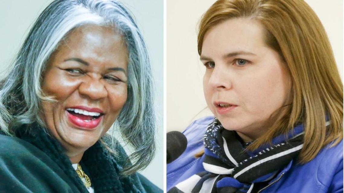 School board members Betty Arnold, left, and Joy Eakins