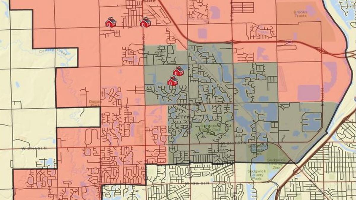 According to the proposed boundary lines, households in a southeast portion of the district would be assigned to Maize South Middle School and Maize South High and the remainder of the district to Maize Middle School and Maize High. West 53rd Street North is near the top of the populated area on the map; North Maize Road divides boundary areas to the west; West 21st Street North is near the southern boundary; and North West Street is near the eastern boundary.