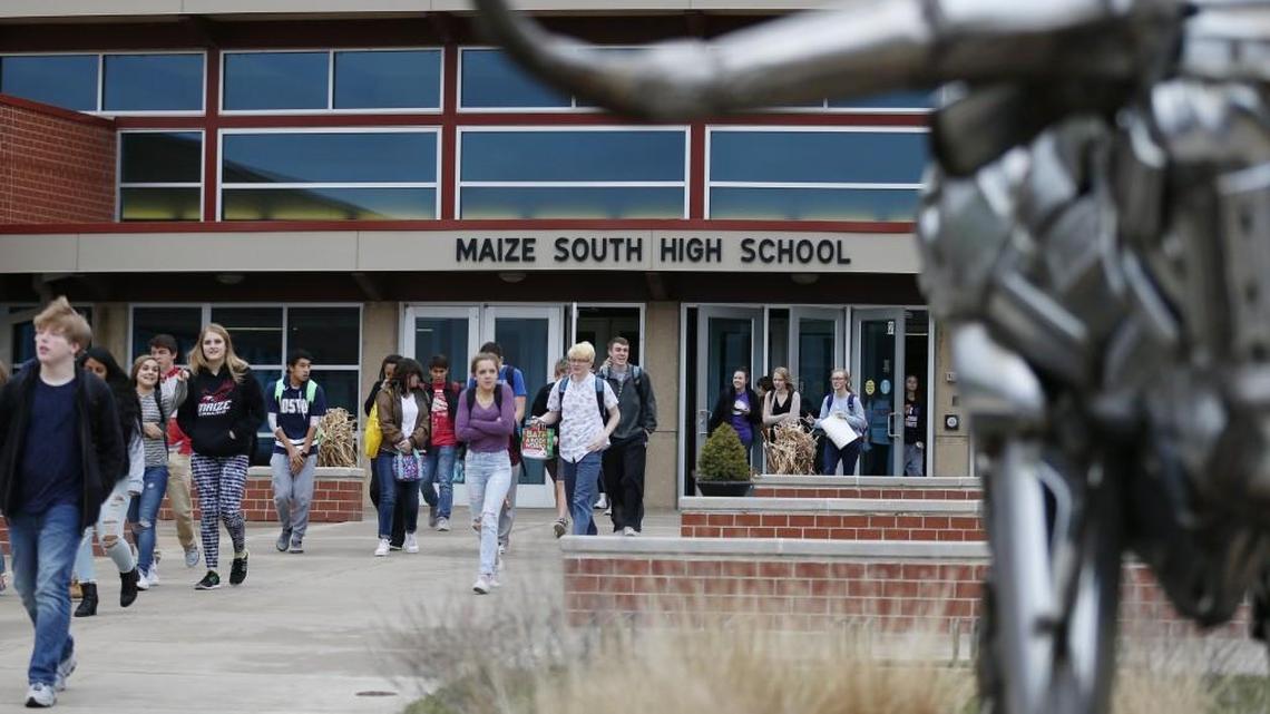 Students leave Maize South High School at the end of the school day. (Dec. 17, 2015)
