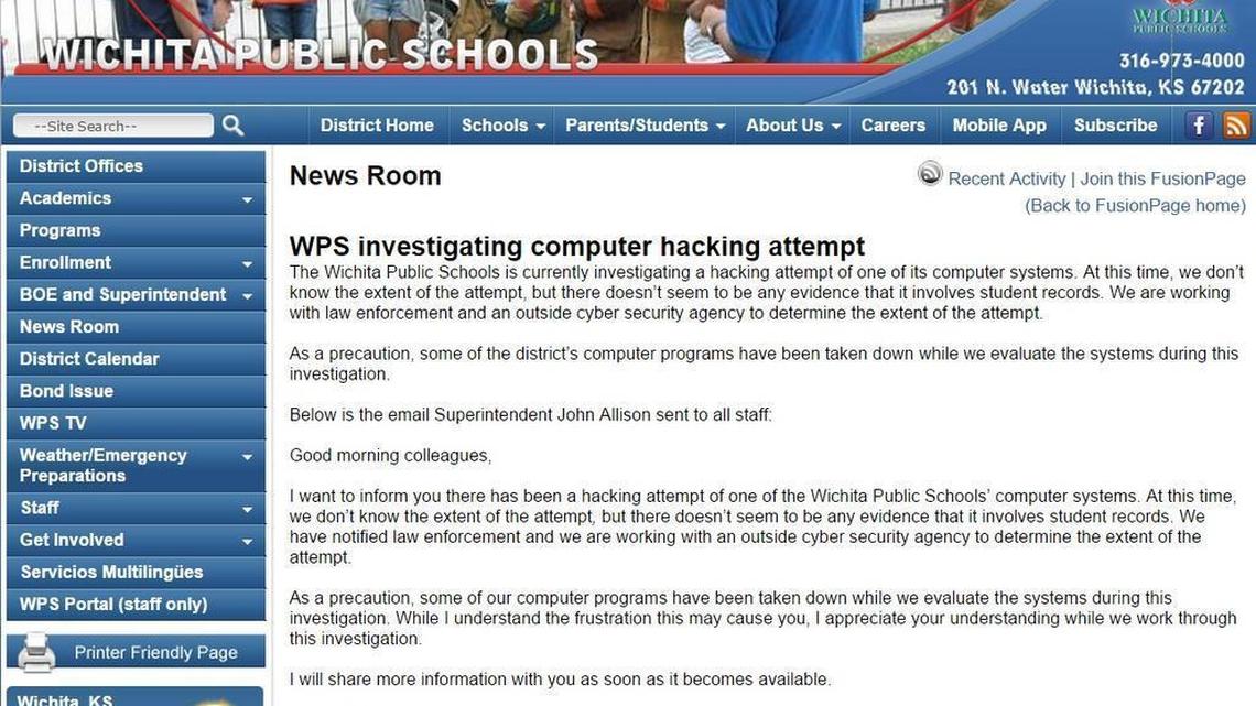 Screenshot of Wichita public schools webpage (Oct. 26, 2015)