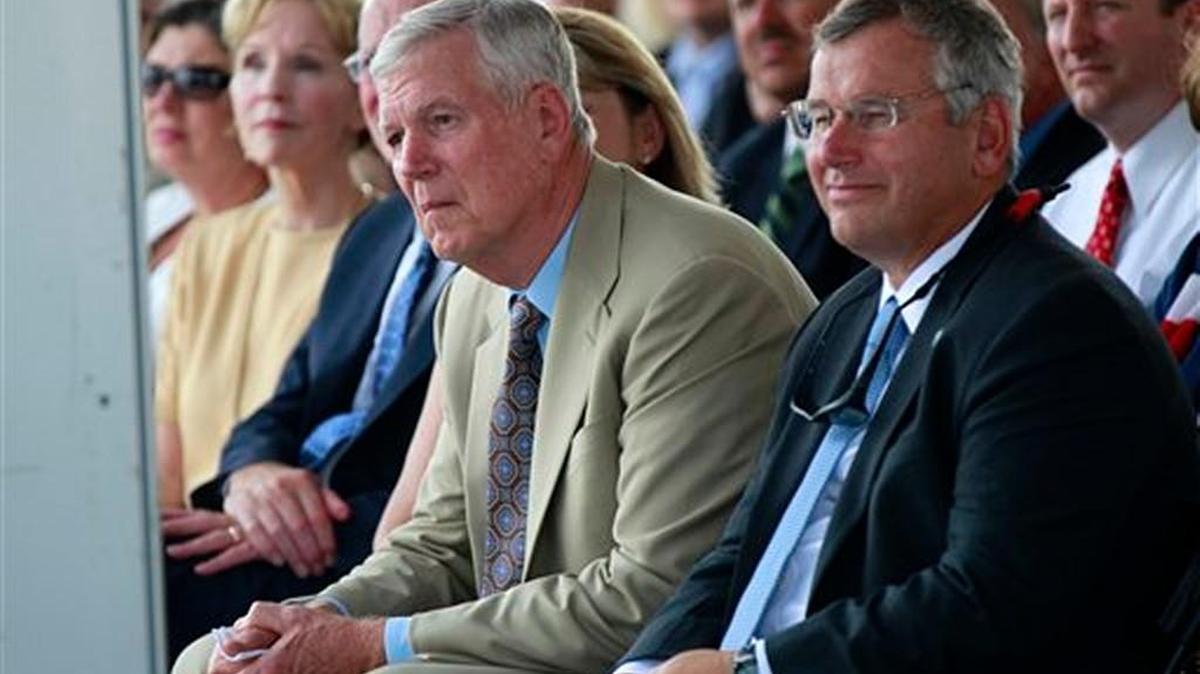 Retired former Joint Chiefs of Staff Chairman Gen. Richard Myers, center, was named interim president at Kansas State University on Thursday. In this file photo from 2012, he listens during christening ceremonies for the USS Somerset in Avondale, La.