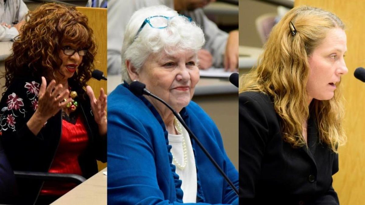 Three applicants for the District 3 vacancy on the Wichita school board answered questions from board members Wednesday. They are, from left: Sondra Luke, Ernestine Krehbiel and Rhonda Cox.