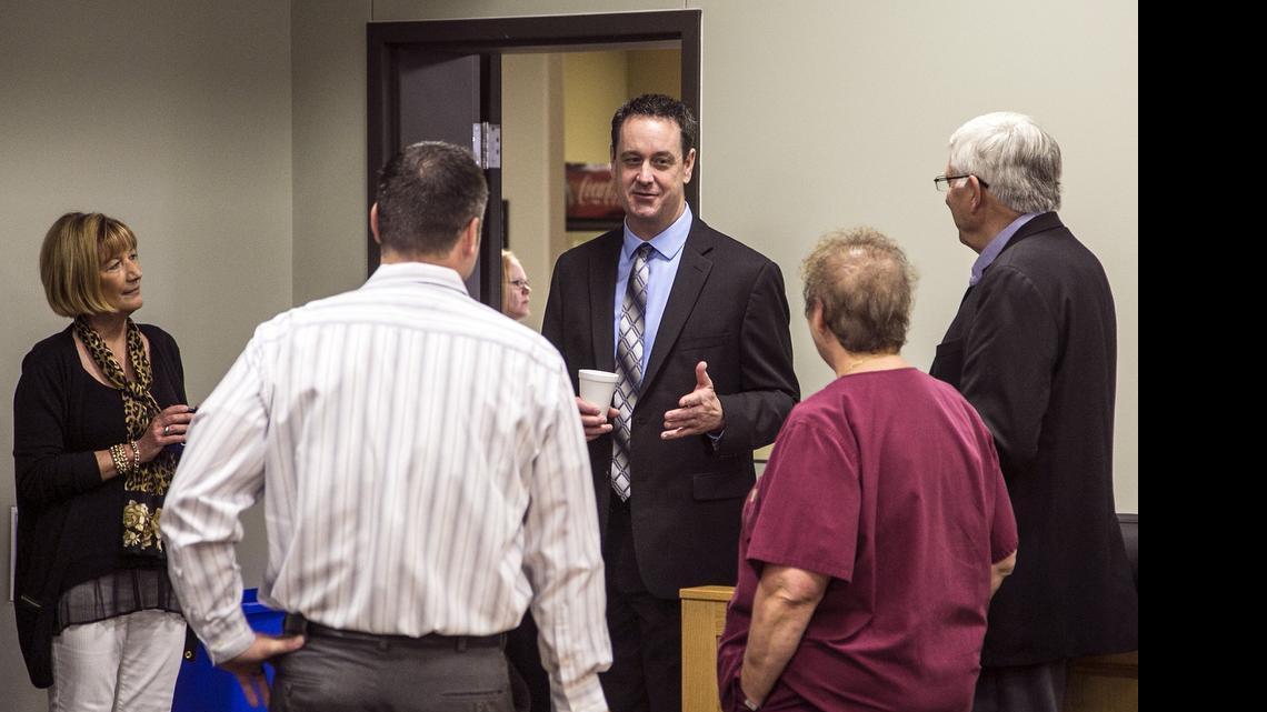 
Chad Higgins talks to Maize USD 266 staff after being chosen the next superintendent. (May 5, 2015)
