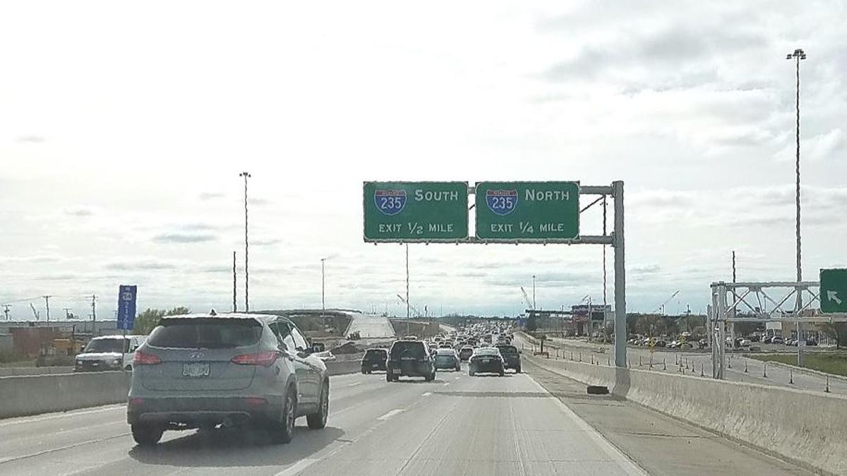 Traffic on westbound Kellogg near I-235. Kellogg will go to two lanes beginning Wednesday, according to KDOT, so ramp bridges may be built for a new interchange.