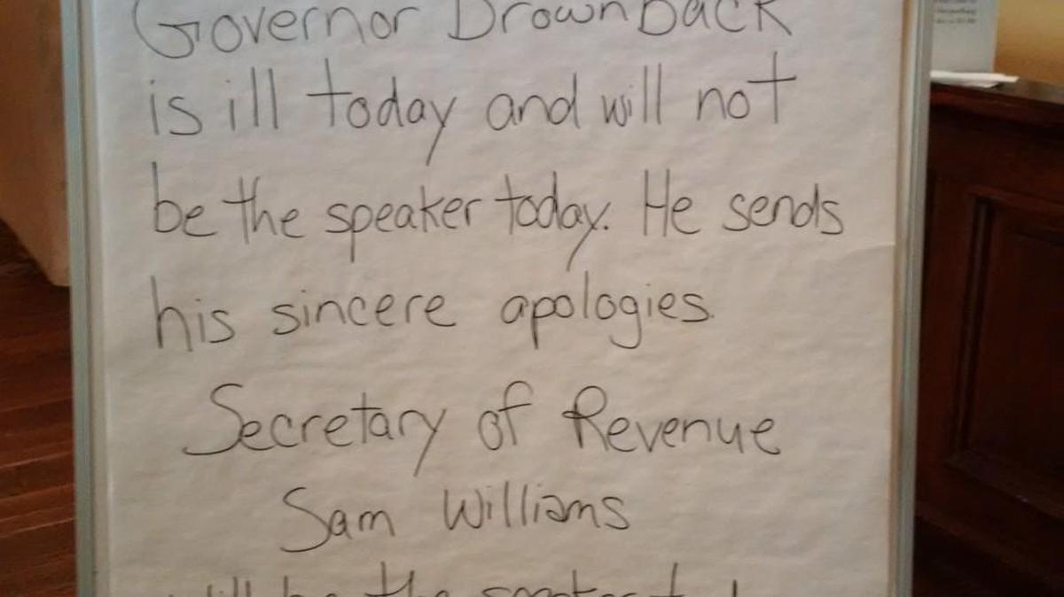 Members of the Wichita Pachyderm Club were greeted by this sign when they arrived to hear a scheduled speech by Gov. Sam Brownback.