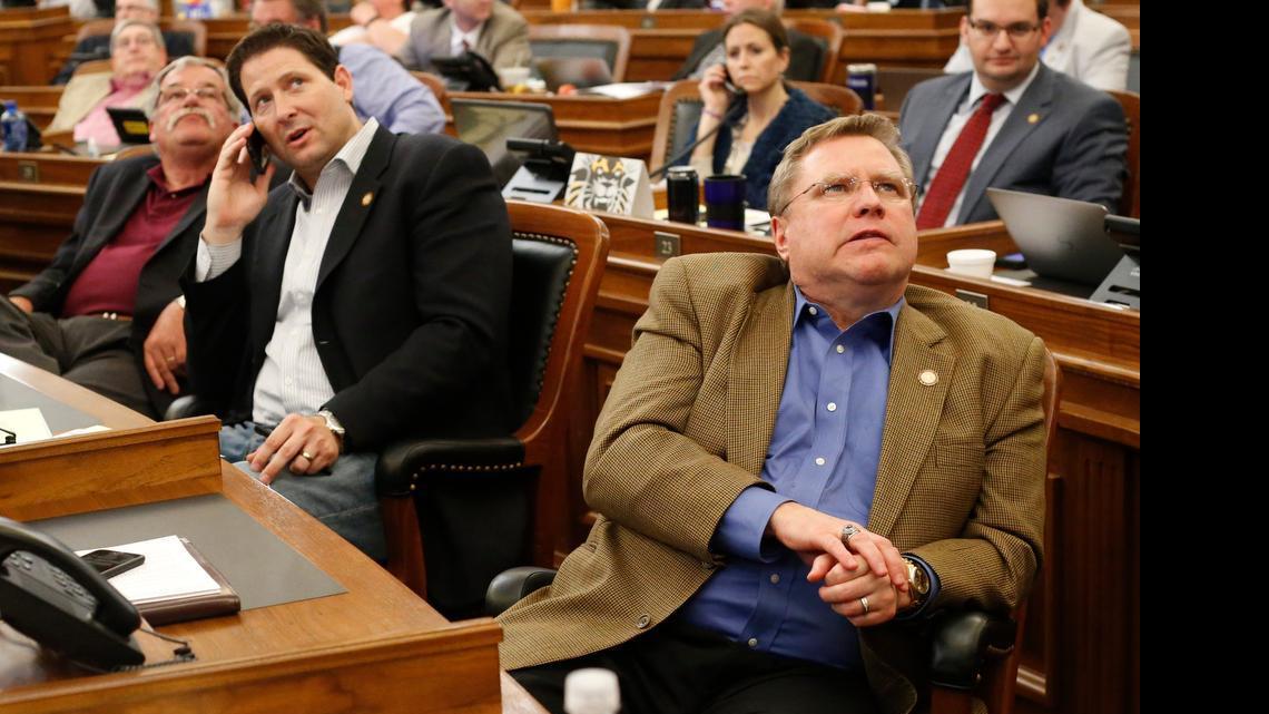 
Rep. Mark Hutton of Wichita watches as votes are tallied on HB 2109. Those in favor were short 3-4 votes for almost two hours before it passed at 4 a.m. Friday morning. (June 12, 2015)

