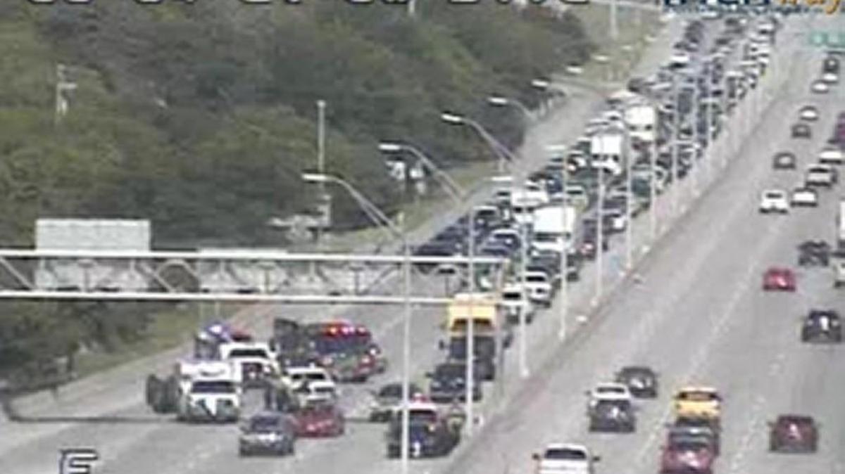 This image from WICHway shows the collision that blocked Kellogg between Seneca and Meridian — and the traffic stacked up behind it late Friday afternoon.