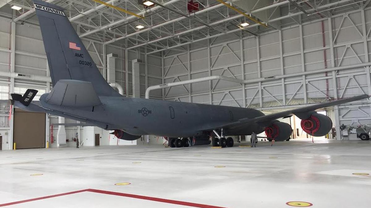 McConnell Air Force Base opened the doors Thursday to the first of three hangars built on the base to hold the KC-46 Pegasus. The $267 million project to build the hangars began in 2014. On Thursday a KC-135 Stratotanker was rolled into the hangar by airmen in the 22nd Maintenance Group.