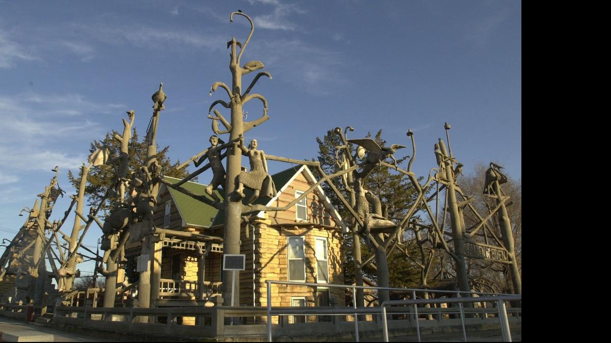 
The Garden of Eden in Lucas is a tribute to one man’s fascintaion with concrete. Civil War veteran S.P. Dinsmoor built elaborate concrete creations around his house around the turn of the century. Visitors can tour the log and concrete home and the garden around it.
