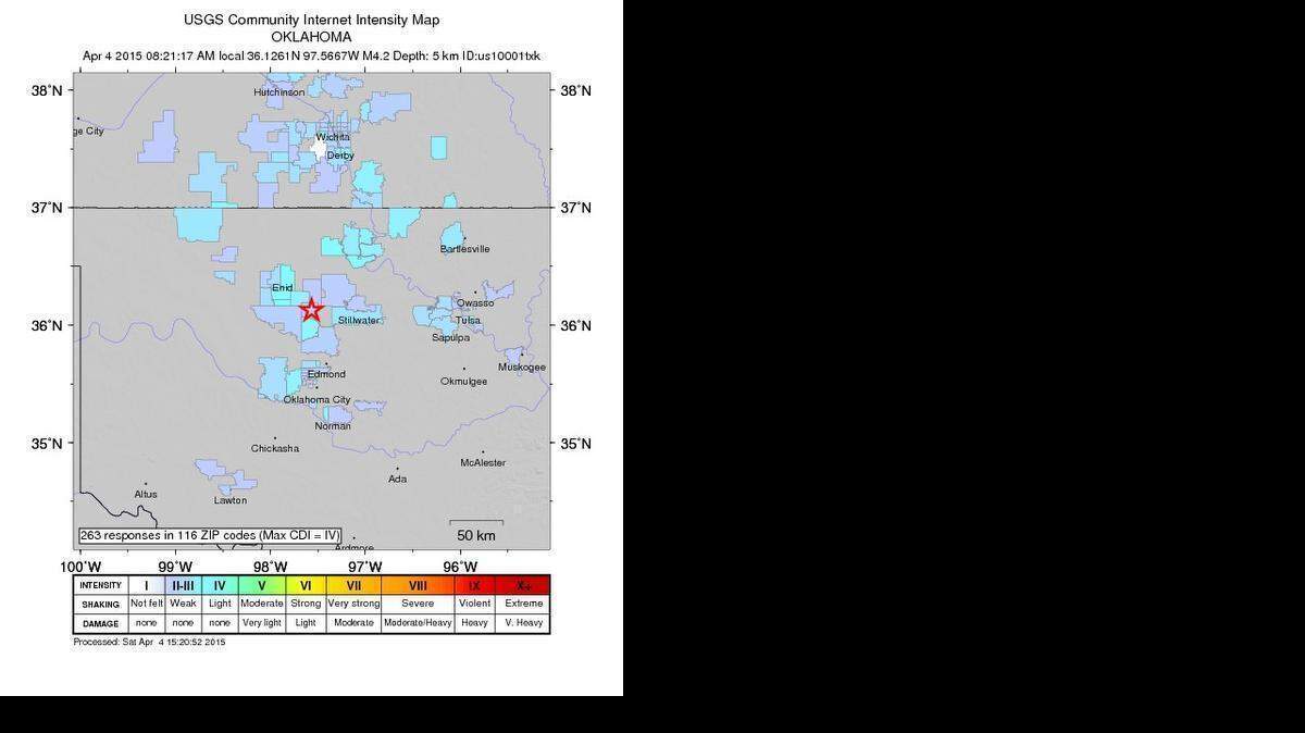 
A map showing where people felt the magnitude-4.2 earthquake with an epicenter near Crescent, Okla., at 10:25 a.m. Saturday.
