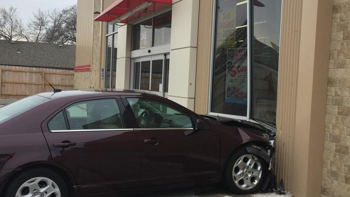 A car crashed into the front of a Family Dollar store in west Wichita on Sunday morning. No injuries were reported.