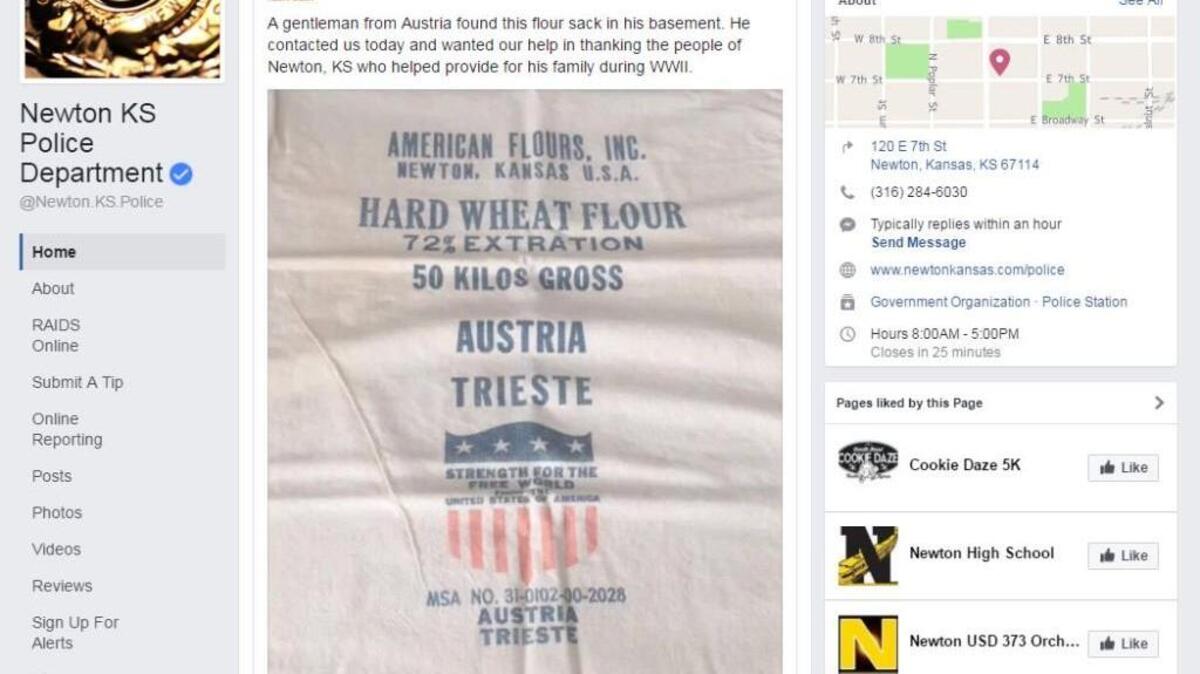 The Newton Police Department posted this photo of a WWII-era flour sack that an Austrian man found in his basement. The man contacted the agency to thank the city for helping to provide for his family.