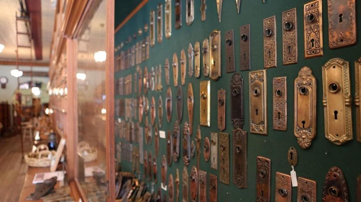 Brass doorplates are among the items for sale at The Old Hardware Store in Halstead. The building, business and all the contents are up for auction.