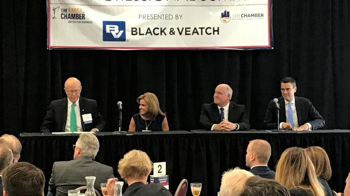 From left to right, Sen. Pat Roberts, Rep. Lynn Jenkins, Rep. Ron Estes and Rep. Kevin Yoder speak at a Kansas Chamber of Commerce event in Wichita on Sept. 22, 2017.